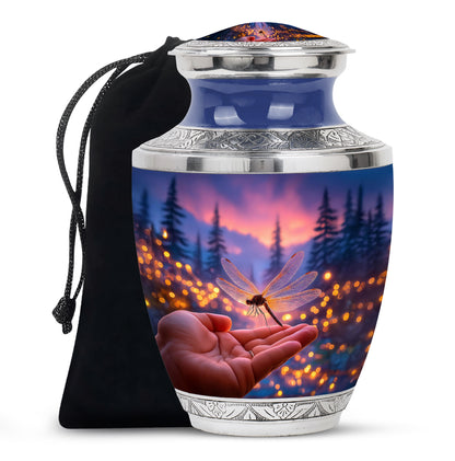 Royal Blue Dragonfly Cremation Urn side profile showing urn shape - stylized abstract dragonfly pattern with bold lines - full-size 10 inch 200 cubic inch adult cremation urn