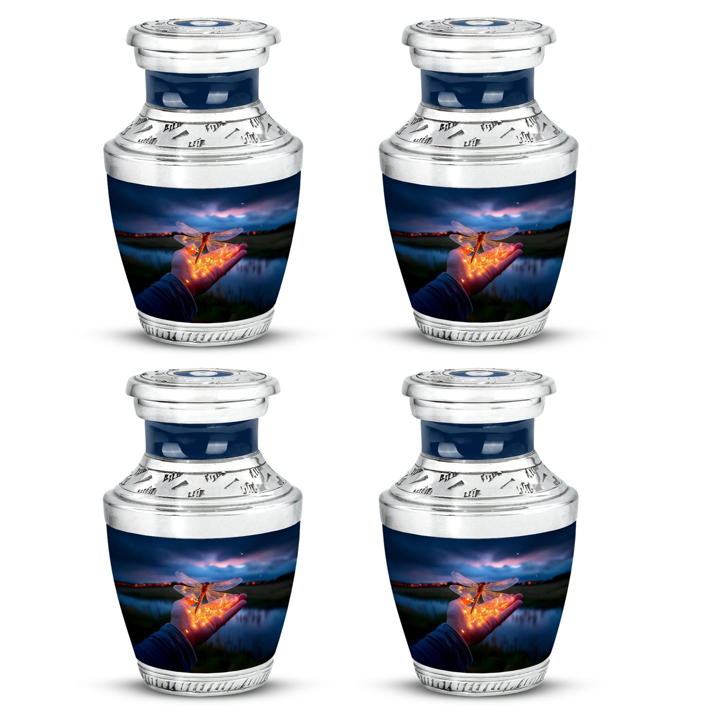Soft Blue Dragonfly Cremation Urn back view with polished surface - artistic dragonfly interpretation with creative detail - 10 inch aluminum urn for cremated remains