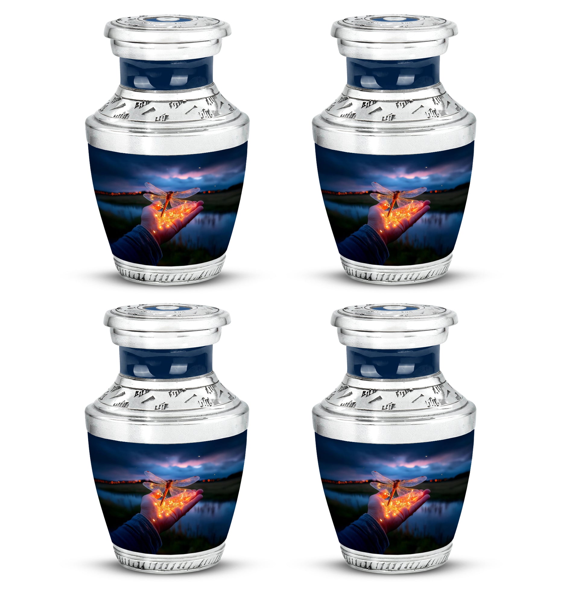 Soft Blue Dragonfly Cremation Urn back view with polished surface - artistic dragonfly interpretation with creative detail - 10 inch aluminum urn for cremated remains