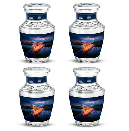 Soft Blue Dragonfly Cremation Urn back view with polished surface - artistic dragonfly interpretation with creative detail - 10 inch aluminum urn for cremated remains