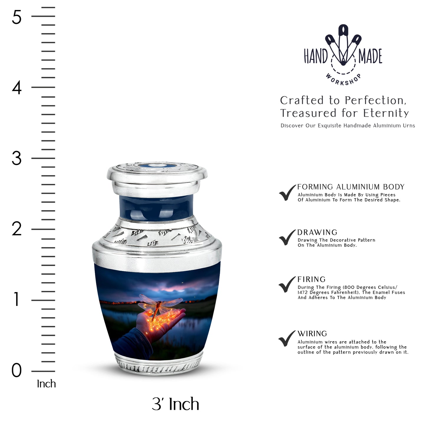 Calming Blue Dragonfly Cremation Urn top-down view of secure threaded lid - artistic dragonfly interpretation with creative detail - mini keepsake memorial for portion of cremation ashes