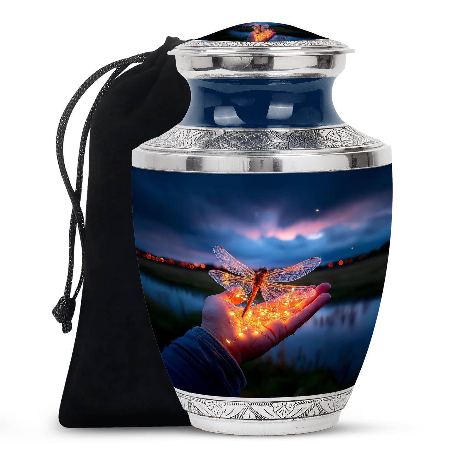 Serene Blue Dragonfly Cremation Urn side profile showing urn shape - artistic dragonfly interpretation with creative detail - full-size 10 inch 200 cubic inch adult cremation urn