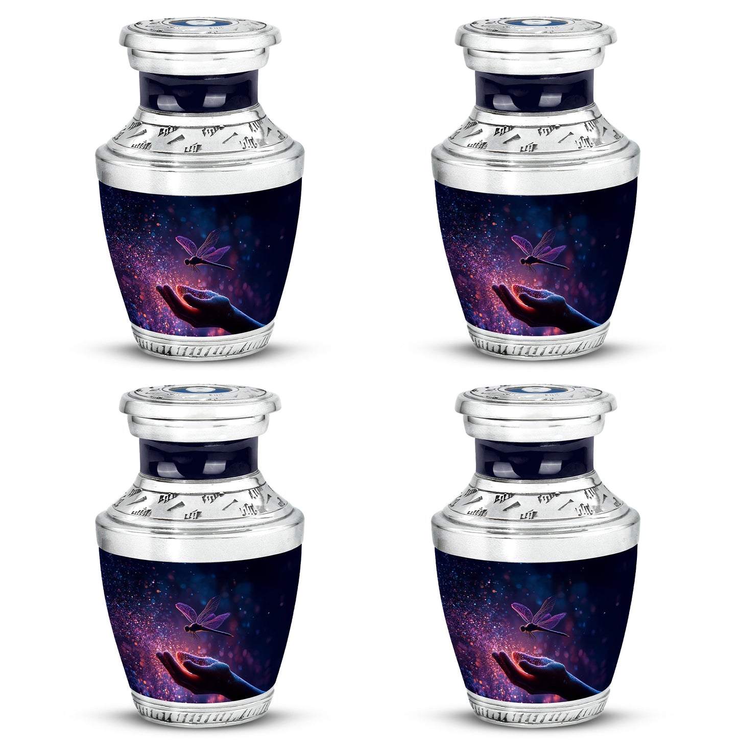 Soft Blue Dragonfly Cremation Urn back view with polished surface - artistic dragonfly interpretation with creative detail - 10 inch aluminum urn for cremated remains