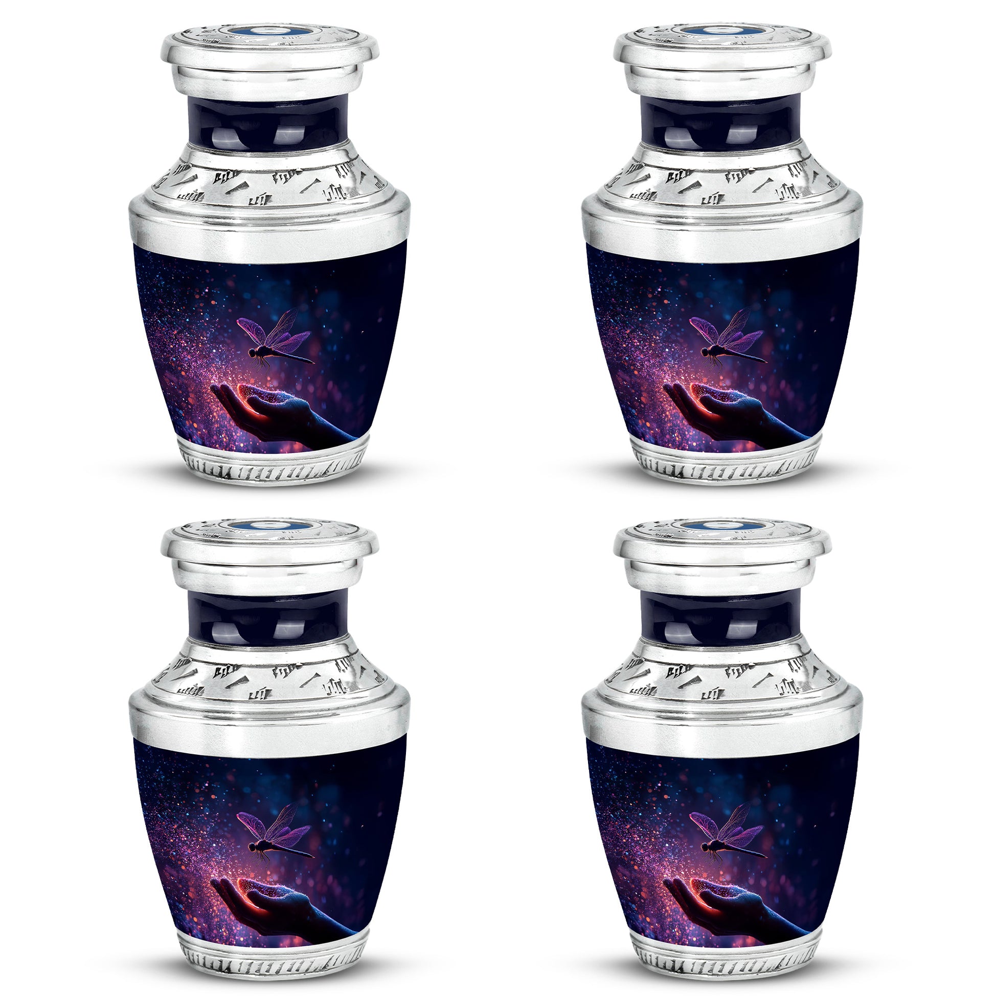 Soft Blue Dragonfly Cremation Urn back view with polished surface - artistic dragonfly interpretation with creative detail - 10 inch aluminum urn for cremated remains