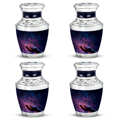 Soft Blue Dragonfly Cremation Urn back view with polished surface - artistic dragonfly interpretation with creative detail - 10 inch aluminum urn for cremated remains
