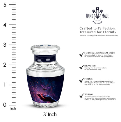 Pastel Blue Dragonfly Cremation Urn top-down view of secure threaded lid - modern art-inspired dragonfly motif on sleek aluminum - mini keepsake memorial for portion of cremation ashes