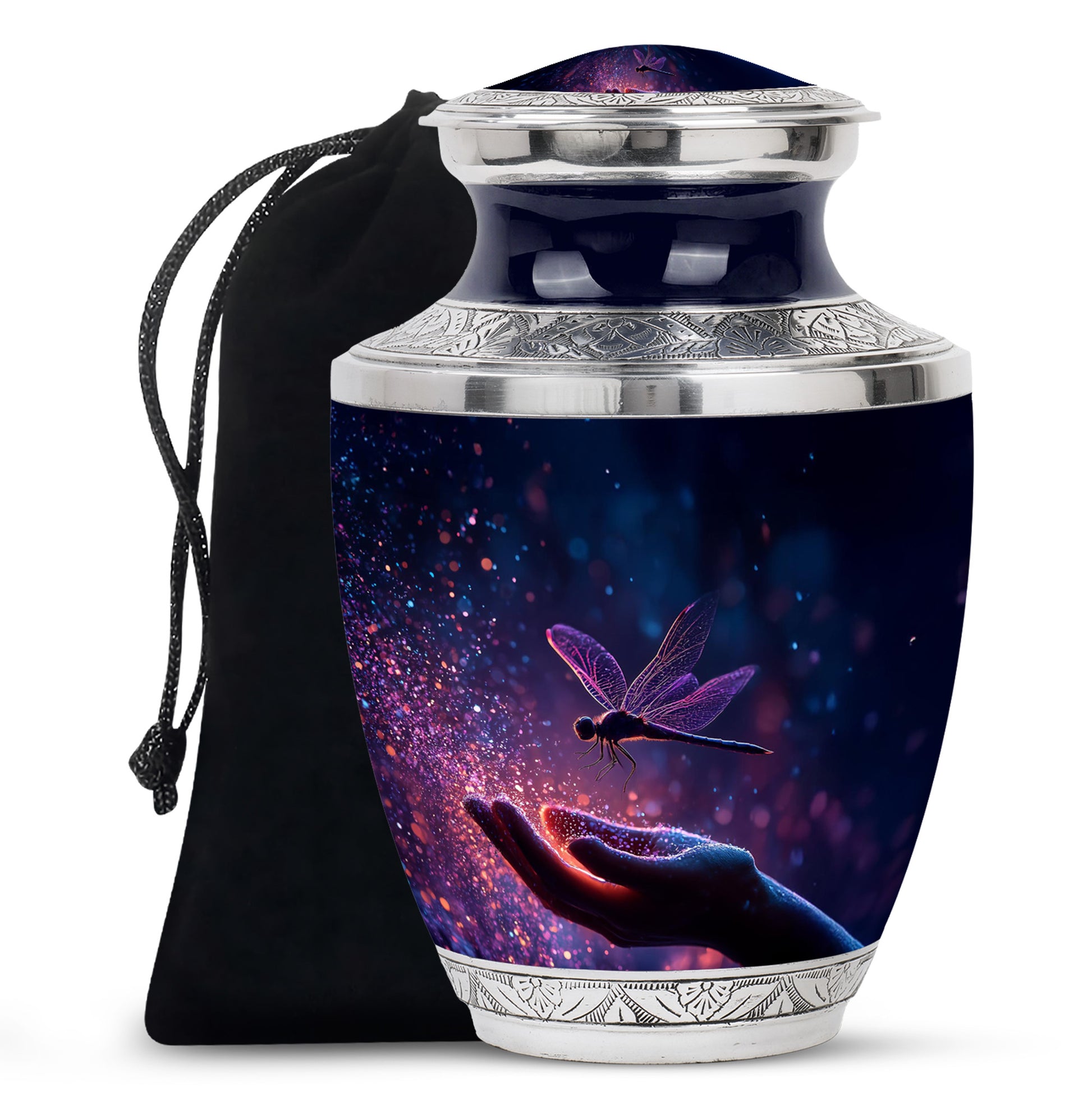 Misty Blue Dragonfly Cremation Urn side profile showing urn shape - modern art-inspired dragonfly motif on sleek aluminum - full-size 10 inch 200 cubic inch adult cremation urn
