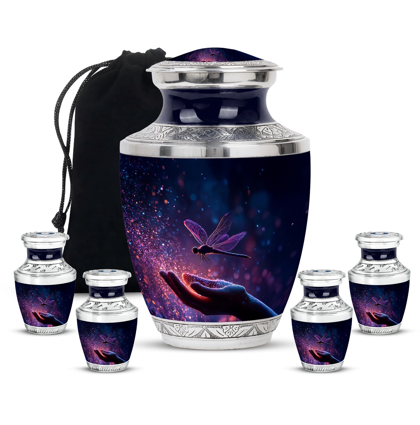 Azure Dragonfly Cremation Urn lifestyle display on memorial shelf - contemporary dragonfly design with modern artistic flair - memorial set with one large and four small urns