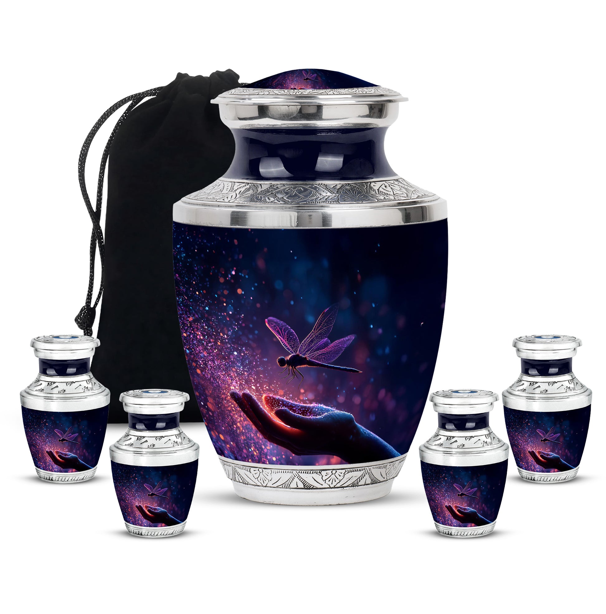Azure Dragonfly Cremation Urn lifestyle display on memorial shelf - contemporary dragonfly design with modern artistic flair - memorial set with one large and four small urns