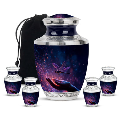 Azure Dragonfly Cremation Urn lifestyle display on memorial shelf - contemporary dragonfly design with modern artistic flair - memorial set with one large and four small urns