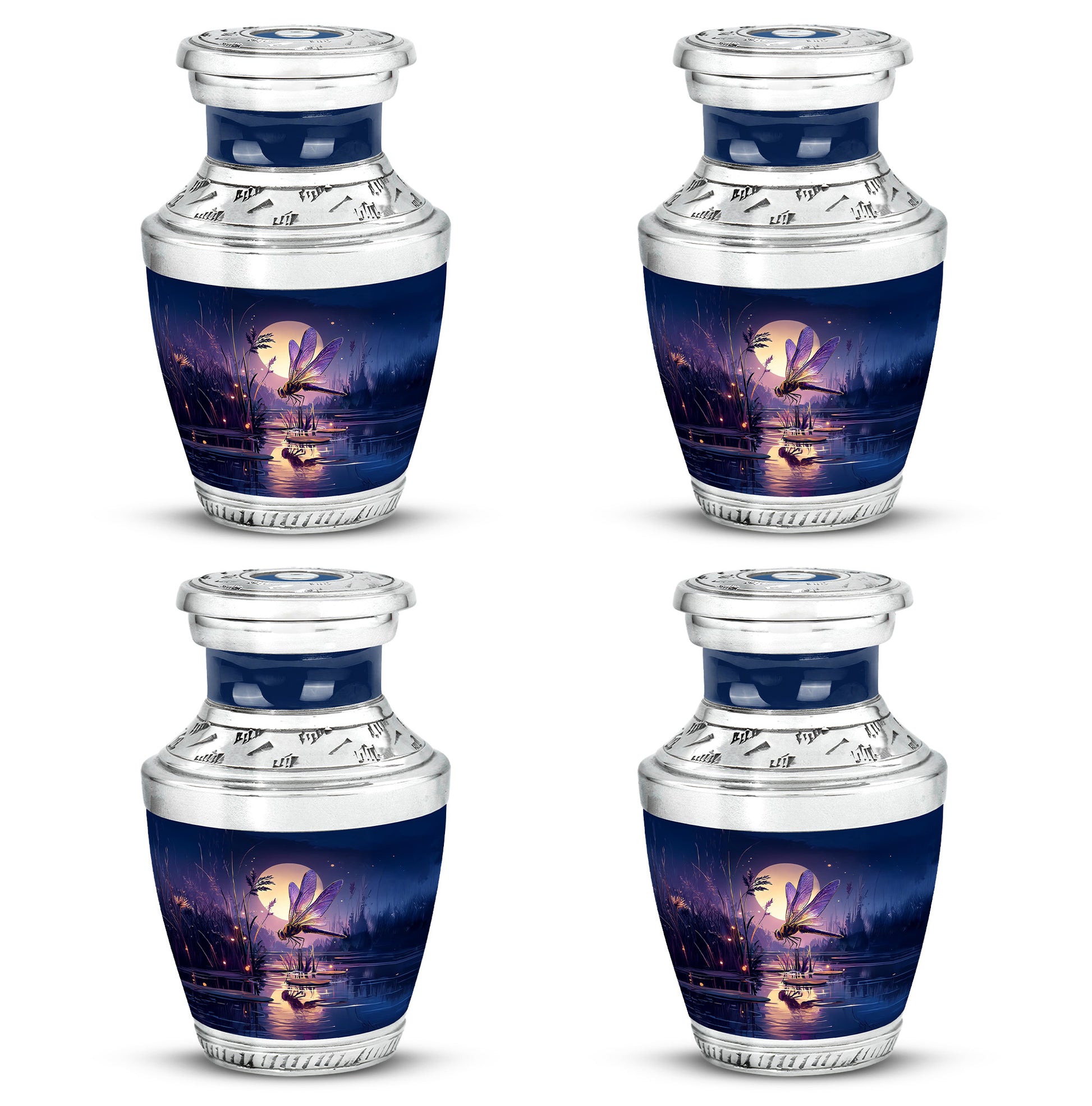 Celestial Blue Dragonfly Cremation Urn back view with polished surface - modern art-inspired dragonfly motif on sleek aluminum - 10 inch aluminum urn for cremated remains