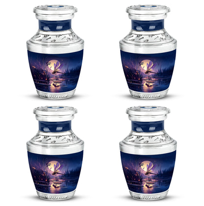 Celestial Blue Dragonfly Cremation Urn back view with polished surface - modern art-inspired dragonfly motif on sleek aluminum - 10 inch aluminum urn for cremated remains