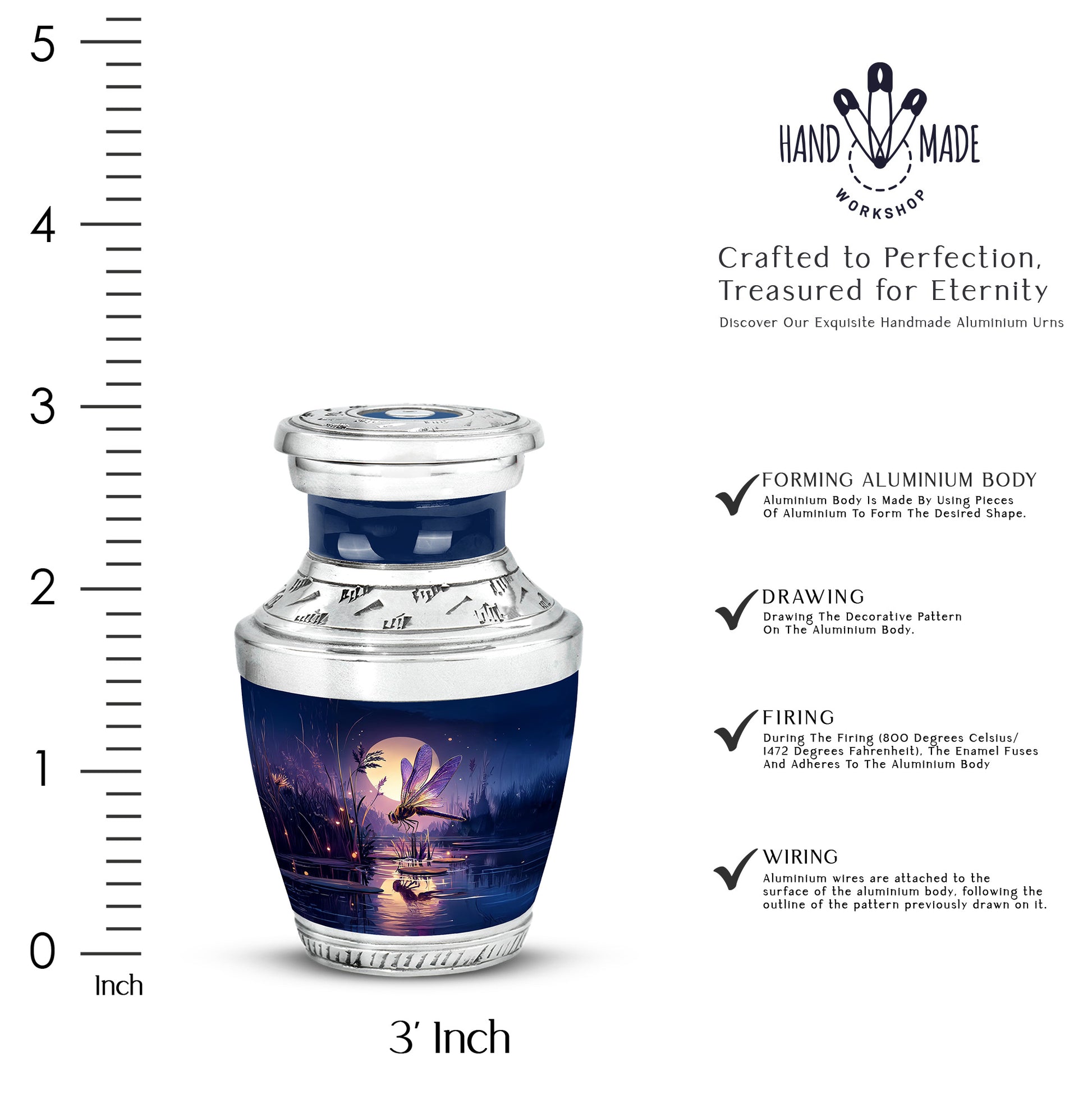 Indigo Dragonfly Cremation Urn top-down view of secure threaded lid - contemporary dragonfly design with modern artistic flair - mini keepsake memorial for portion of cremation ashes