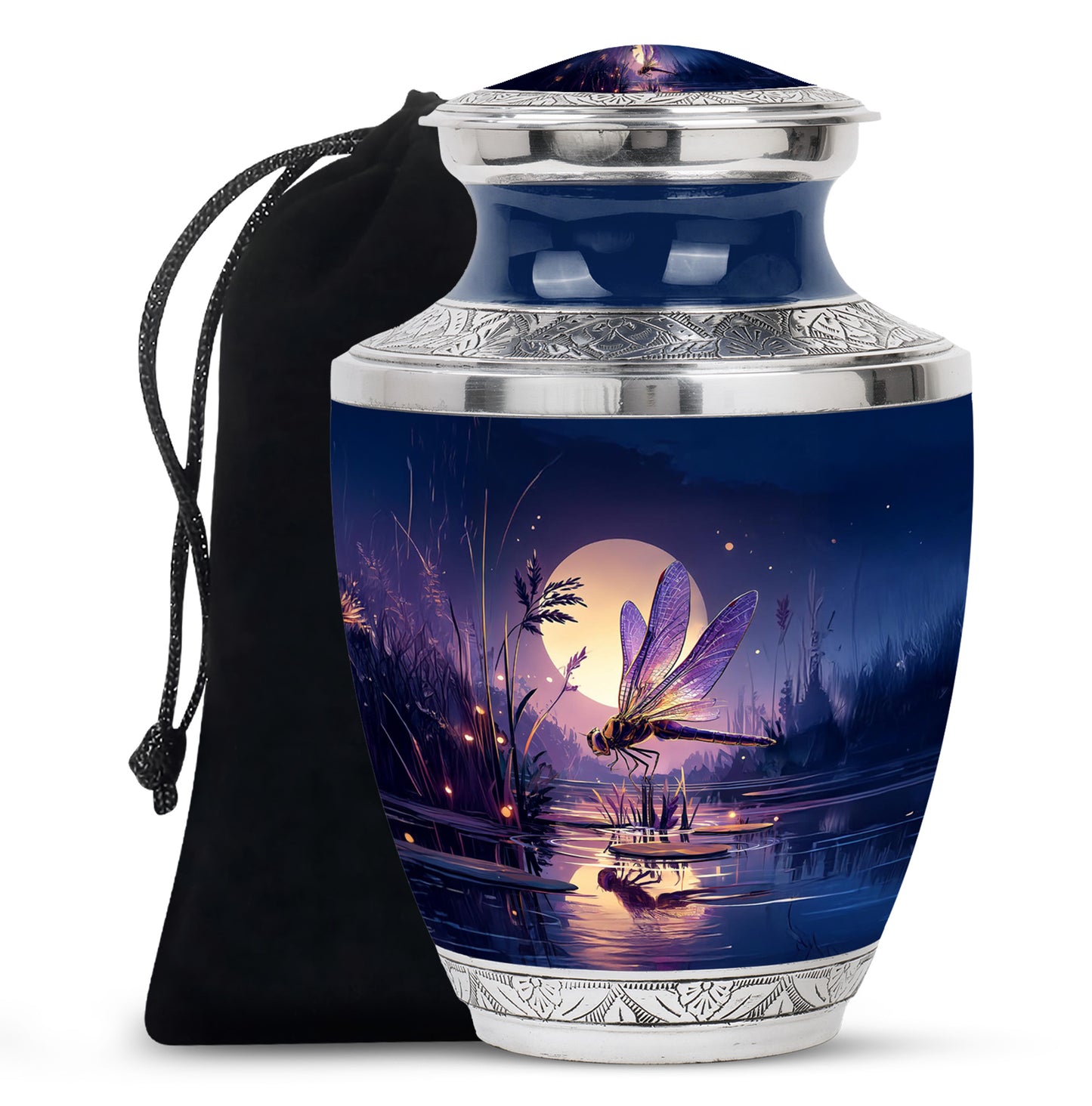 Twilight Blue Dragonfly Cremation Urn side profile showing urn shape - stylized abstract dragonfly pattern with bold lines - full-size 10 inch 200 cubic inch adult cremation urn