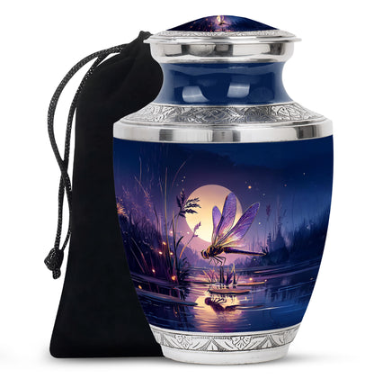 Twilight Blue Dragonfly Cremation Urn side profile showing urn shape - stylized abstract dragonfly pattern with bold lines - full-size 10 inch 200 cubic inch adult cremation urn
