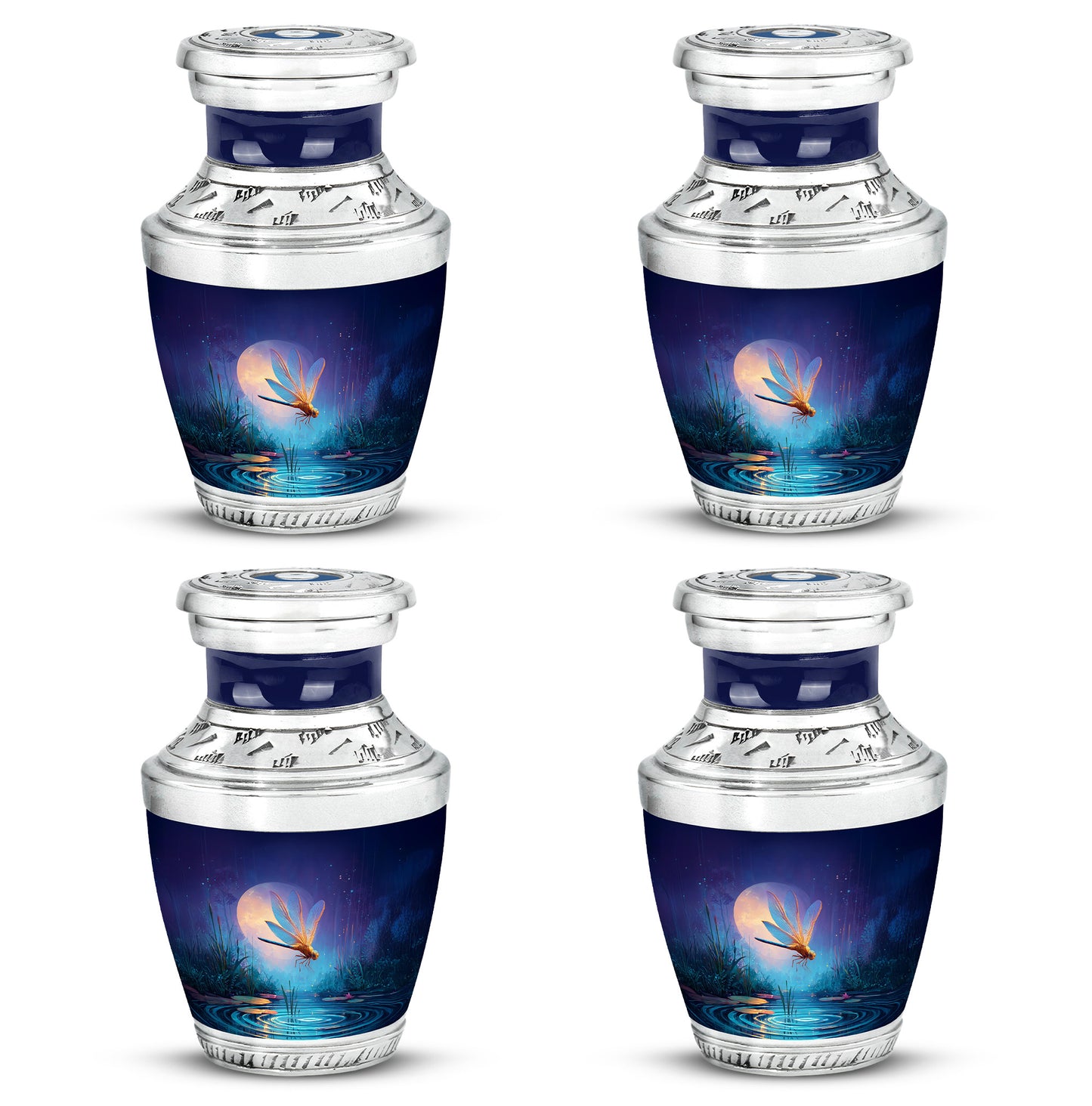 Dusty Blue Dragonfly Cremation Urn back view with polished surface - contemporary dragonfly design with modern artistic flair - 10 inch aluminum urn for cremated remains