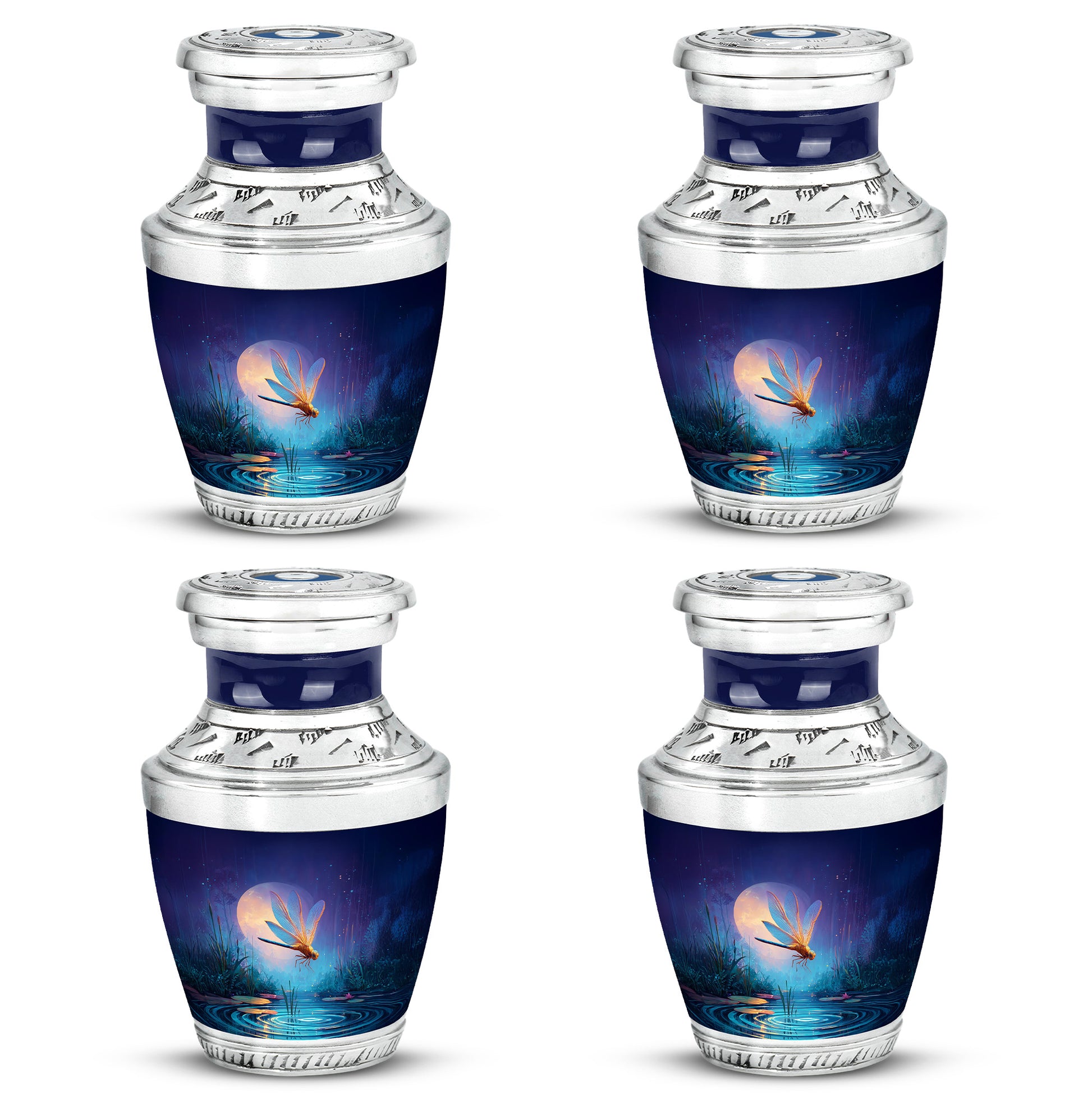 Dusty Blue Dragonfly Cremation Urn back view with polished surface - contemporary dragonfly design with modern artistic flair - 10 inch aluminum urn for cremated remains