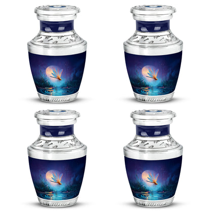 Dusty Blue Dragonfly Cremation Urn back view with polished surface - contemporary dragonfly design with modern artistic flair - 10 inch aluminum urn for cremated remains