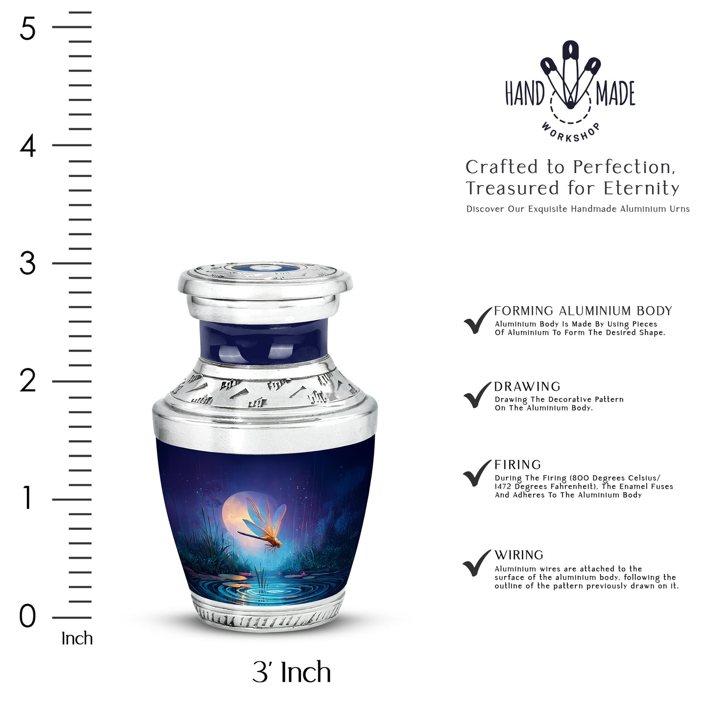 Misty Blue Dragonfly Cremation Urn top-down view of secure threaded lid - modern art-inspired dragonfly motif on sleek aluminum - mini keepsake memorial for portion of cremation ashes