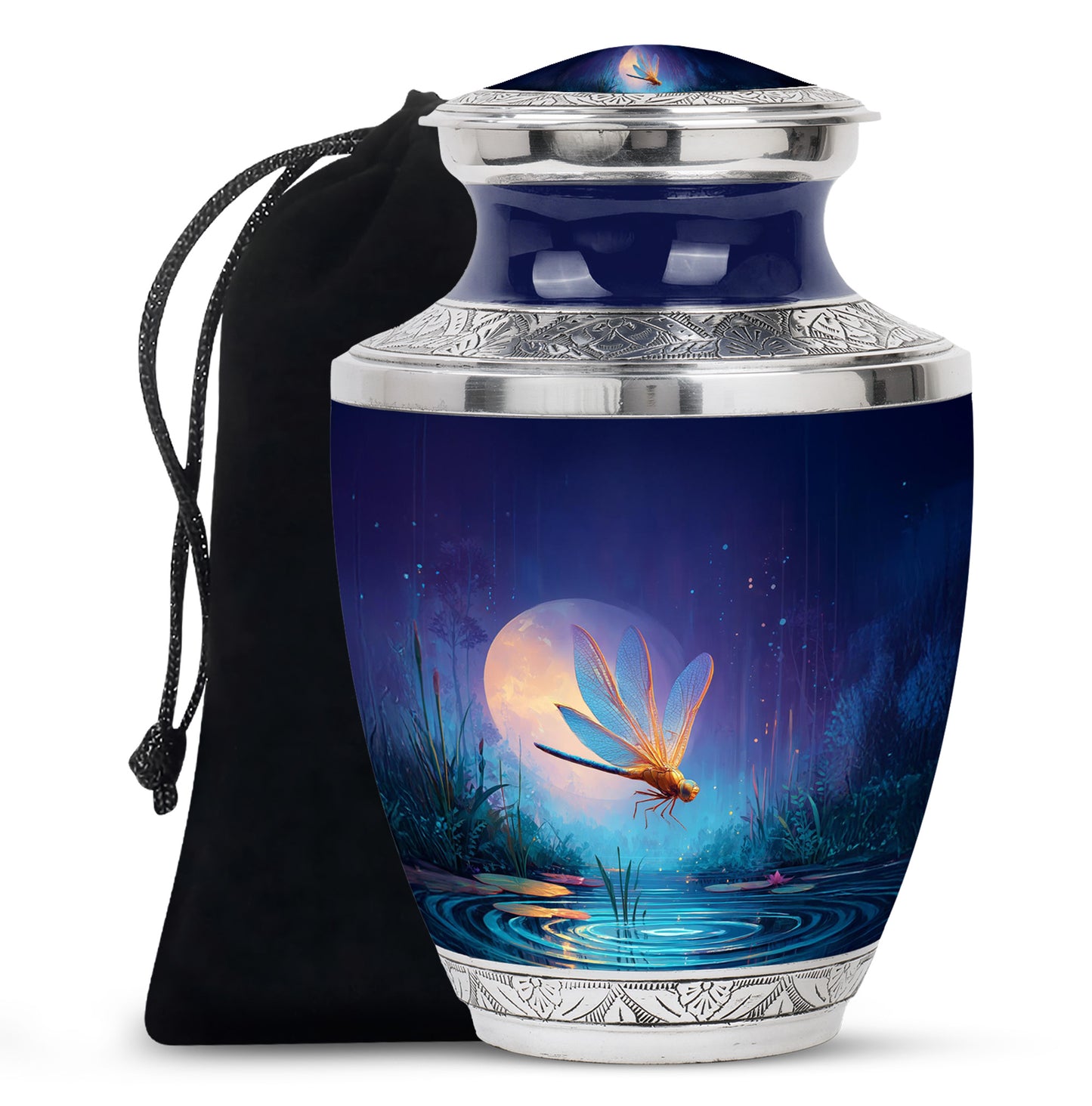 Calming Blue Dragonfly Cremation Urn side profile showing urn shape - stylized abstract dragonfly pattern with bold lines - full-size 10 inch 200 cubic inch adult cremation urn