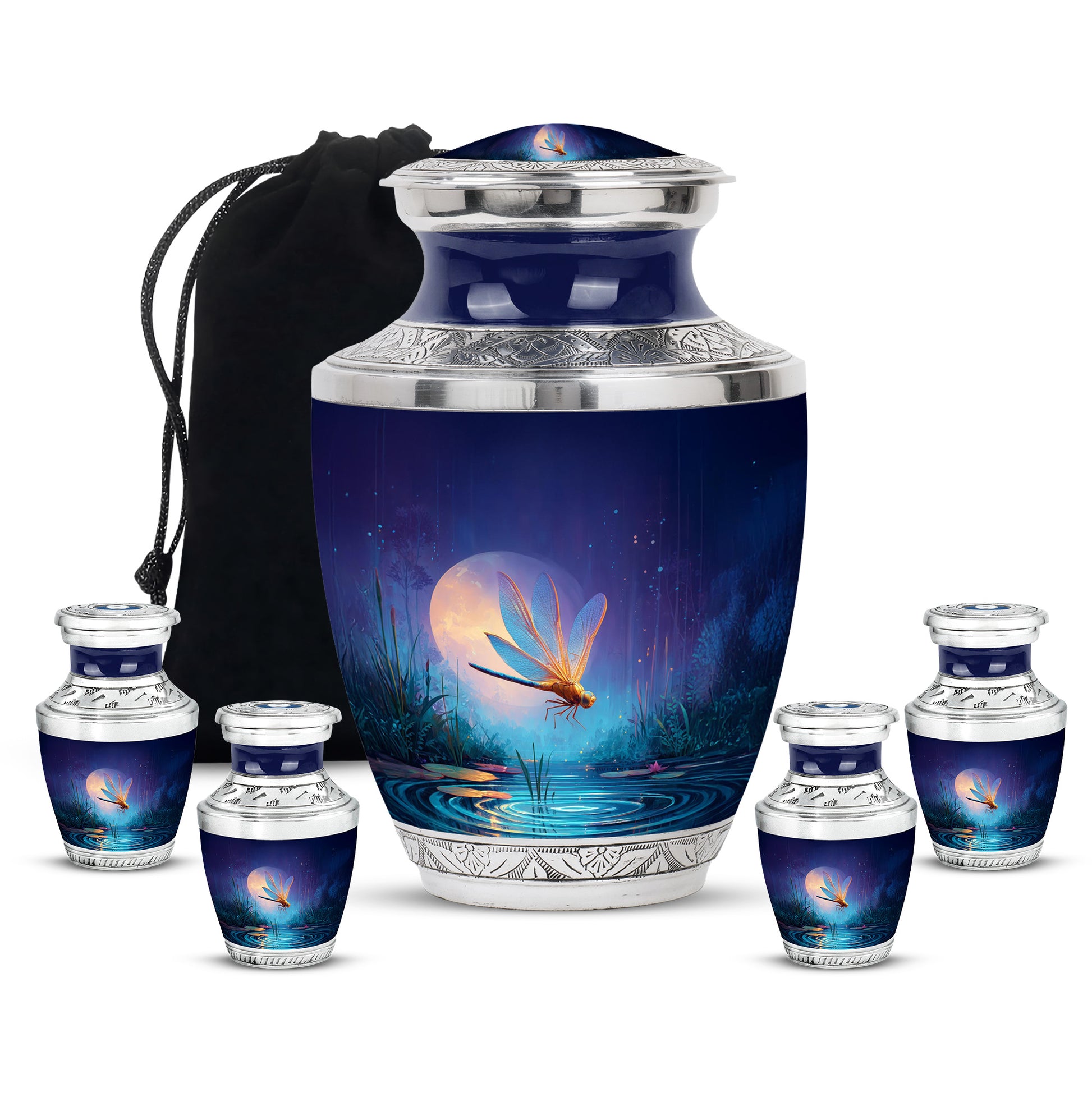 Misty Blue Dragonfly Cremation Urn lifestyle display on memorial shelf - modern art-inspired dragonfly motif on sleek aluminum - memorial set with one large and four small urns