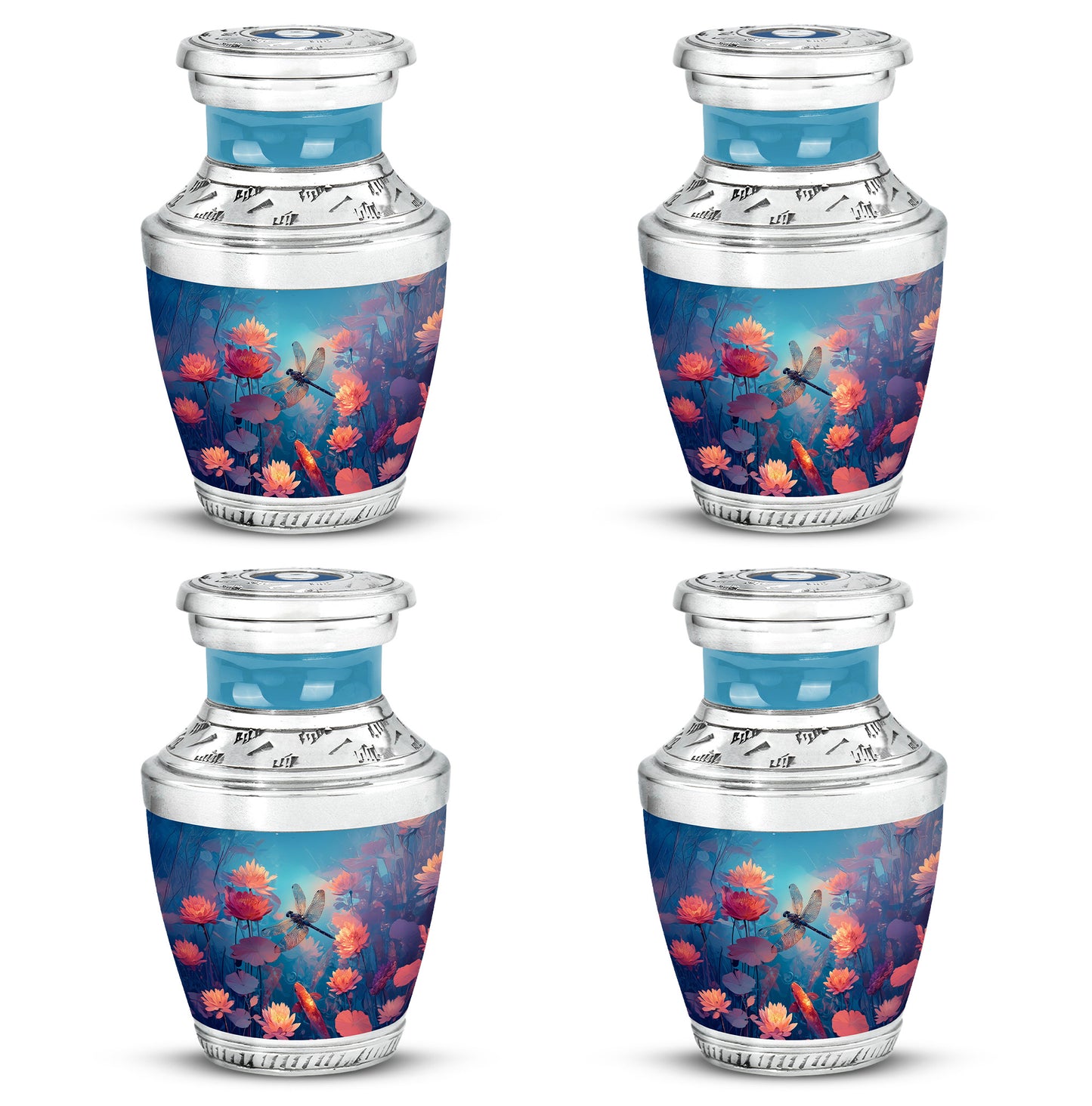 Tropical Teal Dragonfly Cremation Urn back view with polished surface - stylized abstract dragonfly pattern with bold lines - 10 inch aluminum urn for cremated remains