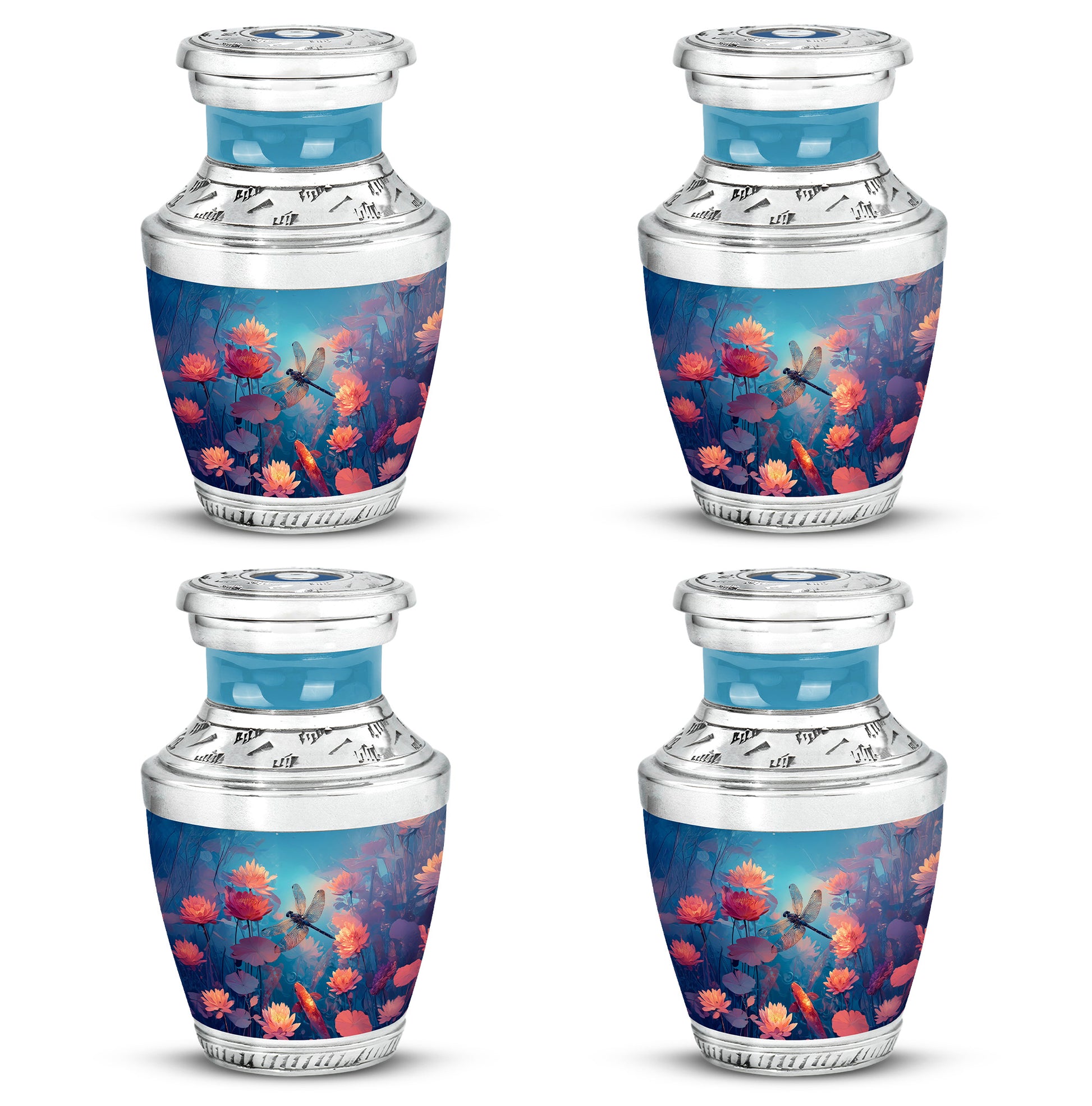 Tropical Teal Dragonfly Cremation Urn back view with polished surface - stylized abstract dragonfly pattern with bold lines - 10 inch aluminum urn for cremated remains
