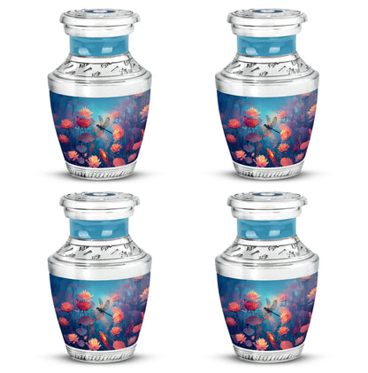 Tropical Teal Dragonfly Cremation Urn back view with polished surface - stylized abstract dragonfly pattern with bold lines - 10 inch aluminum urn for cremated remains