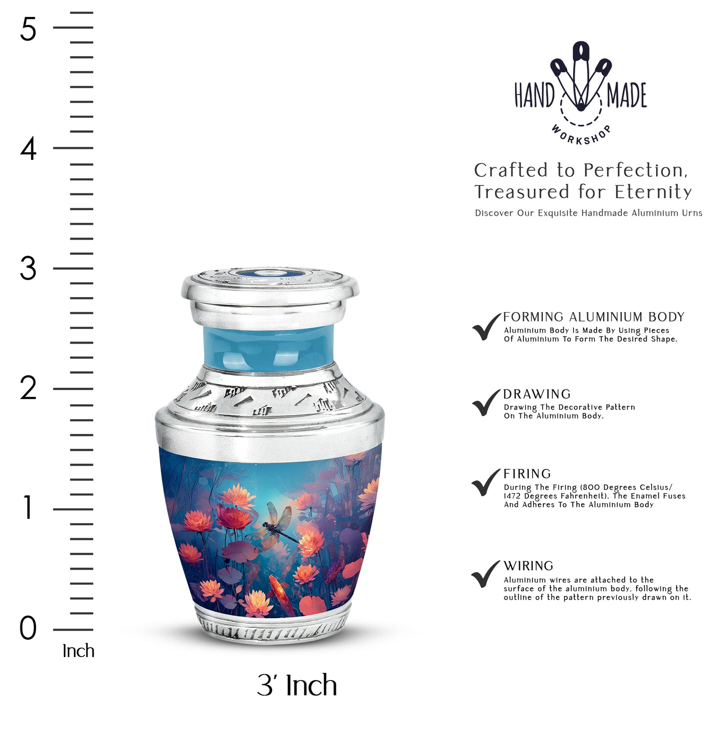 Tropical Teal Dragonfly Cremation Urn top-down view of secure threaded lid - artistic dragonfly interpretation with creative detail - mini keepsake memorial for portion of cremation ashes