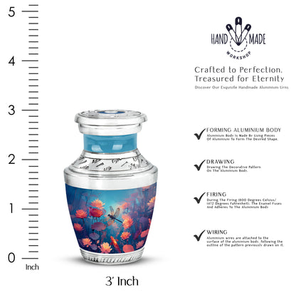 Tropical Teal Dragonfly Cremation Urn top-down view of secure threaded lid - artistic dragonfly interpretation with creative detail - mini keepsake memorial for portion of cremation ashes