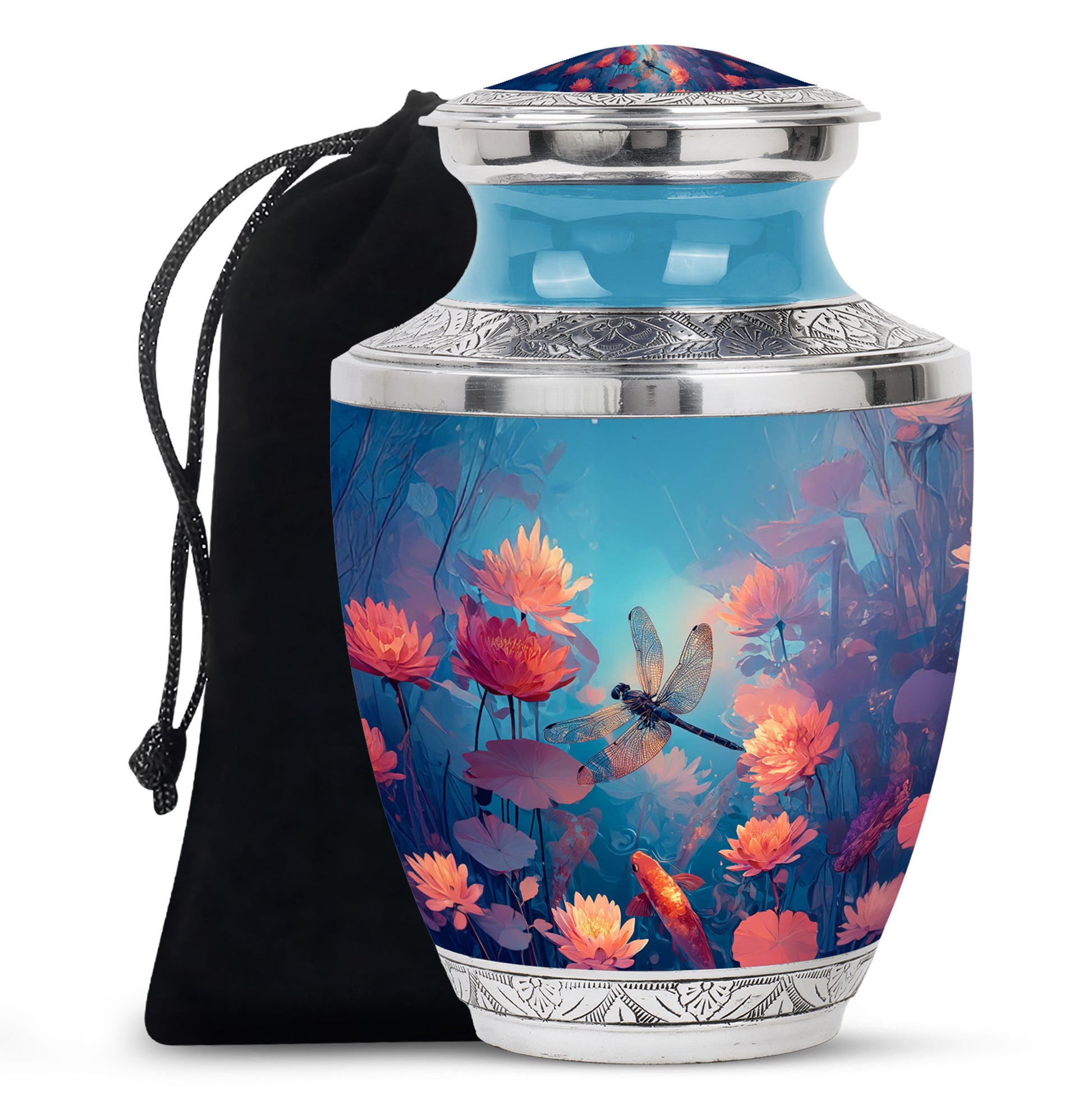 Mystic Teal Dragonfly Cremation Urn side profile showing urn shape - stylized abstract dragonfly pattern with bold lines - full-size 10 inch 200 cubic inch adult cremation urn