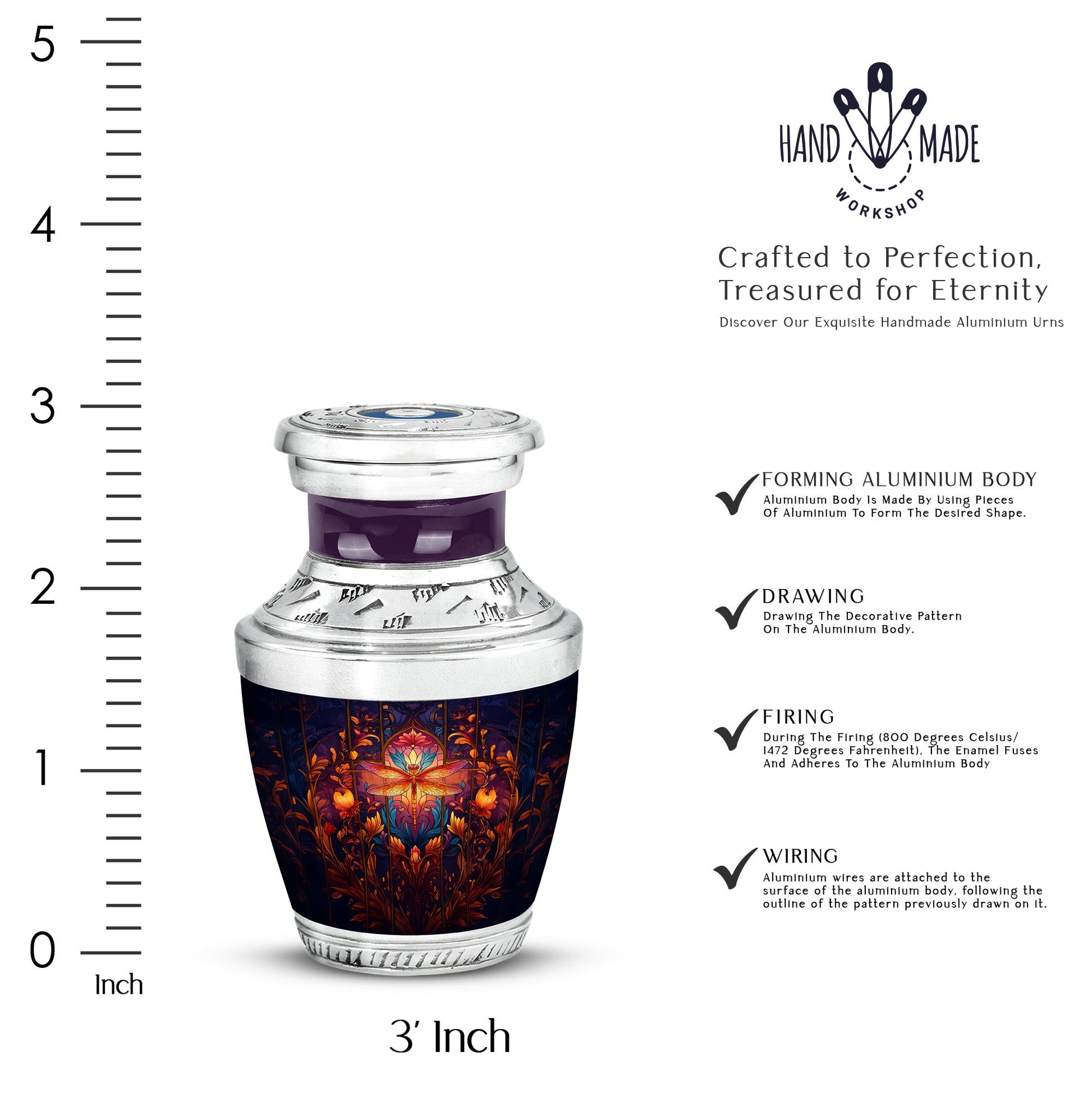 Dusty Blue Dragonfly Cremation Urn top-down view of secure threaded lid - modern art-inspired dragonfly motif on sleek aluminum - mini keepsake memorial for portion of cremation ashes