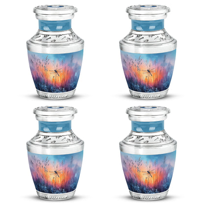Royal Blue Dragonfly Cremation Urn back view with polished surface - artistic dragonfly interpretation with creative detail - 10 inch aluminum urn for cremated remains