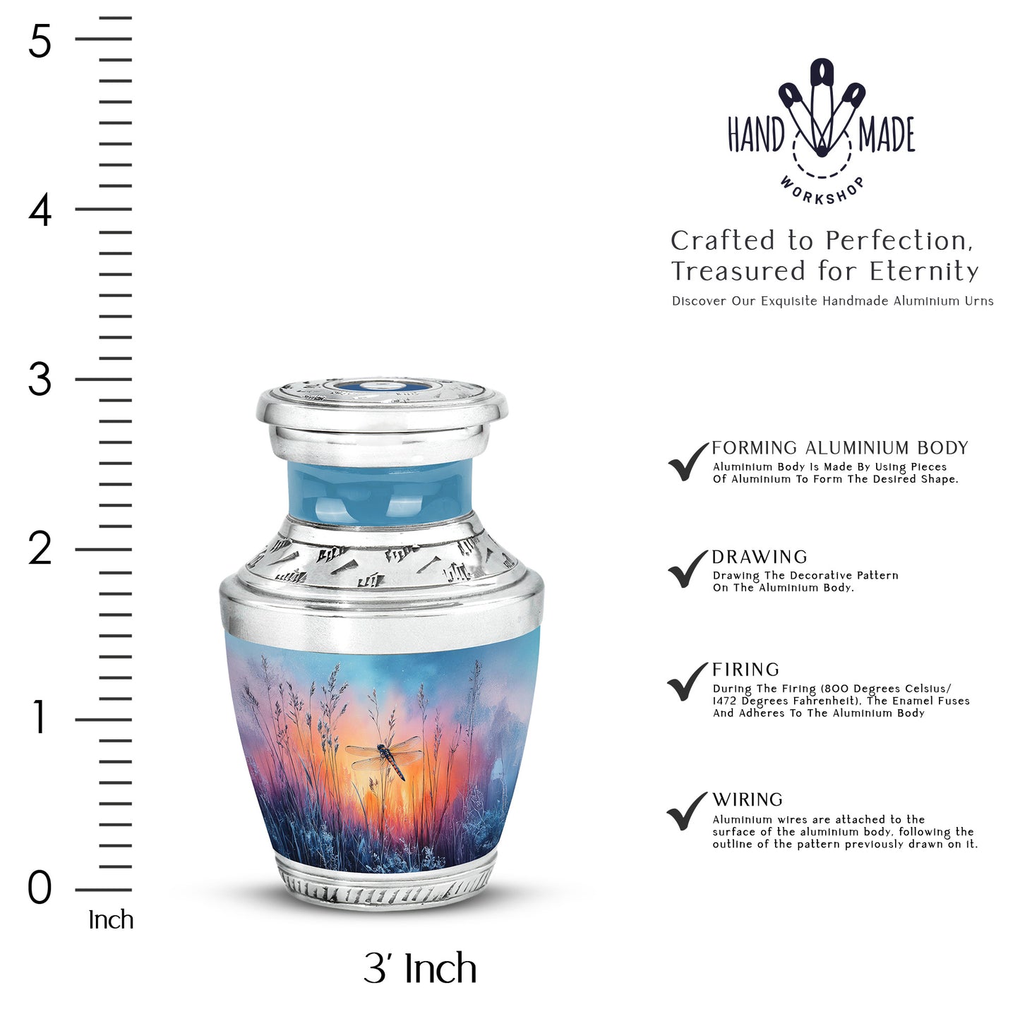 Soft Blue Dragonfly Cremation Urn top-down view of secure threaded lid - stylized abstract dragonfly pattern with bold lines - mini keepsake memorial for portion of cremation ashes