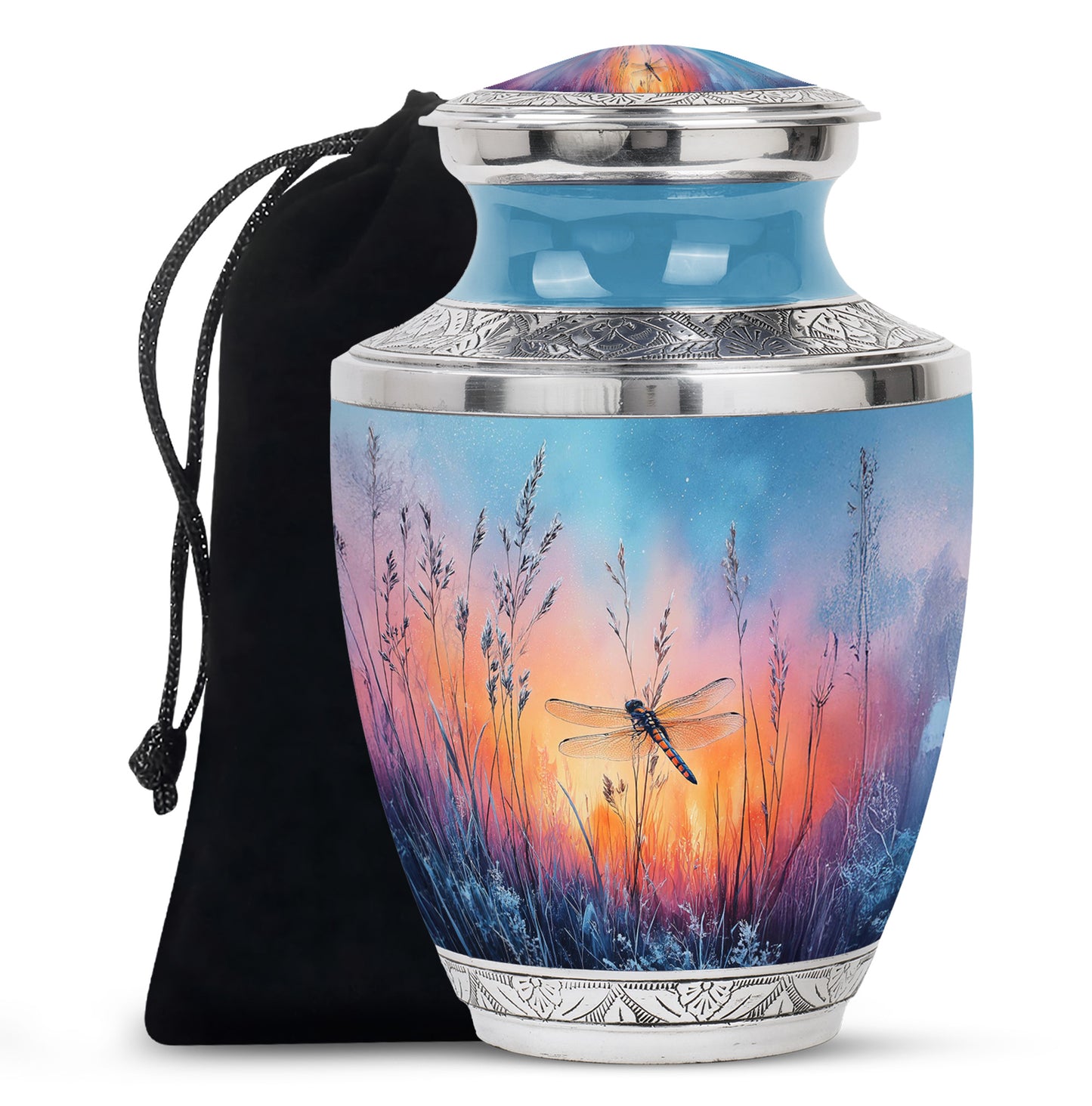 Vivid Blue Dragonfly Cremation Urn side profile showing urn shape - stylized abstract dragonfly pattern with bold lines - full-size 10 inch 200 cubic inch adult cremation urn