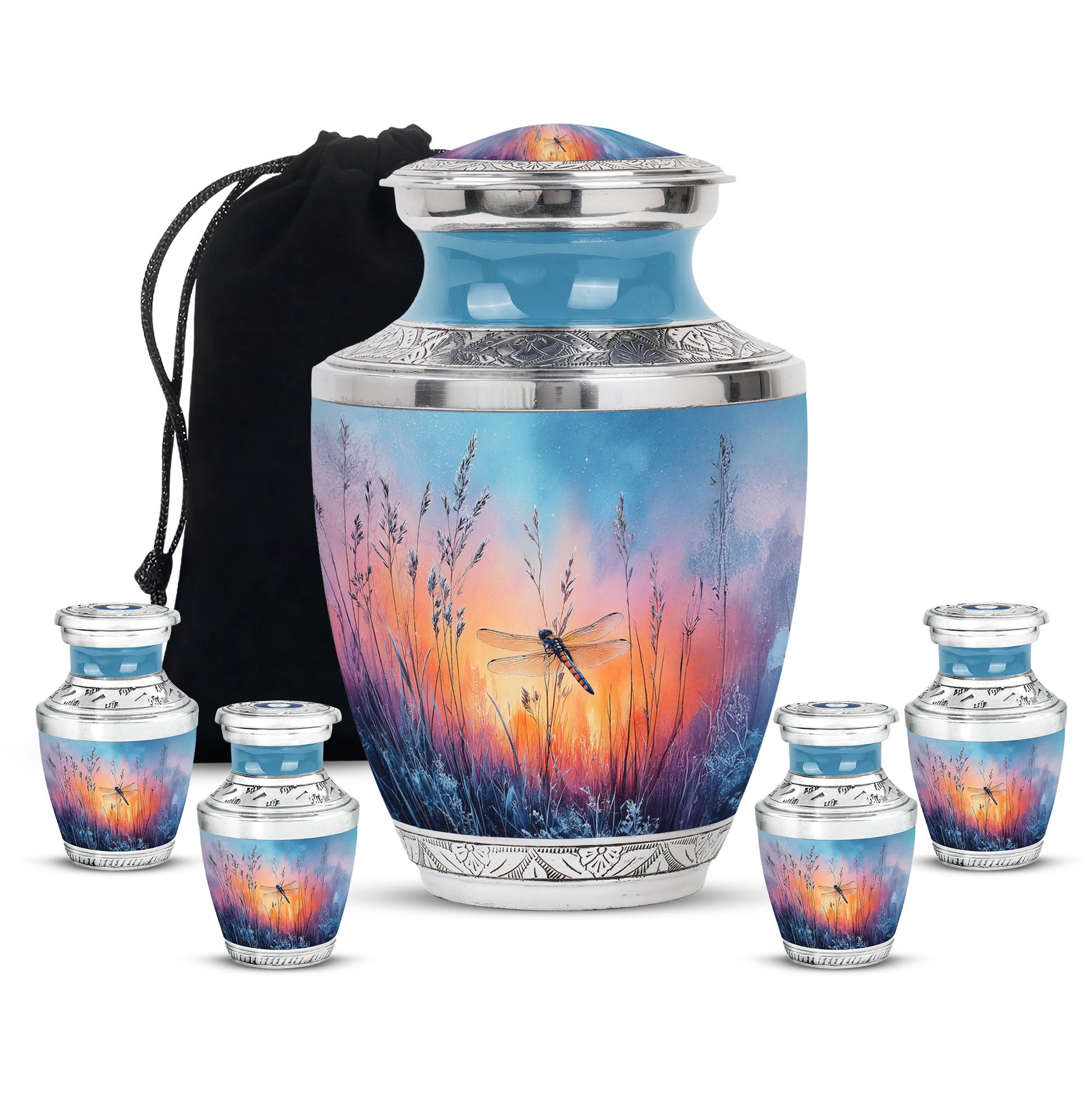 Vivid Blue Dragonfly Cremation Urn lifestyle display on memorial shelf - stylized abstract dragonfly pattern with bold lines - memorial set with one large and four small urns