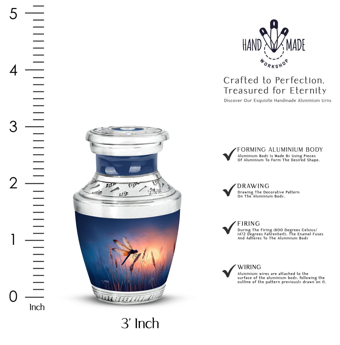 Powder Blue Dragonfly Cremation Urn top-down view of secure threaded lid - modern art-inspired dragonfly motif on sleek aluminum - mini keepsake memorial for portion of cremation ashes