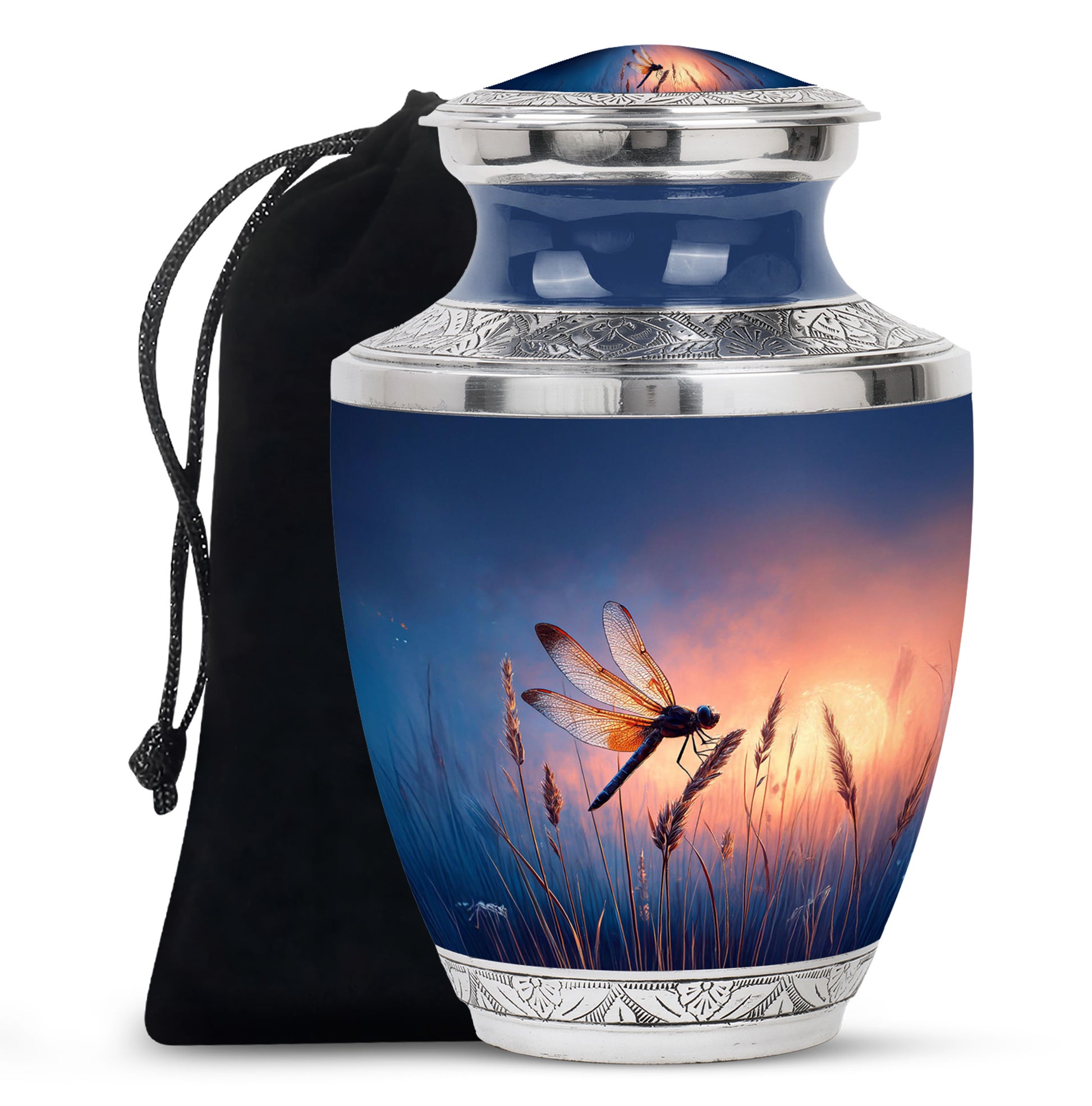 Indigo Dragonfly Cremation Urn side profile showing urn shape - contemporary dragonfly design with modern artistic flair - full-size 10 inch 200 cubic inch adult cremation urn