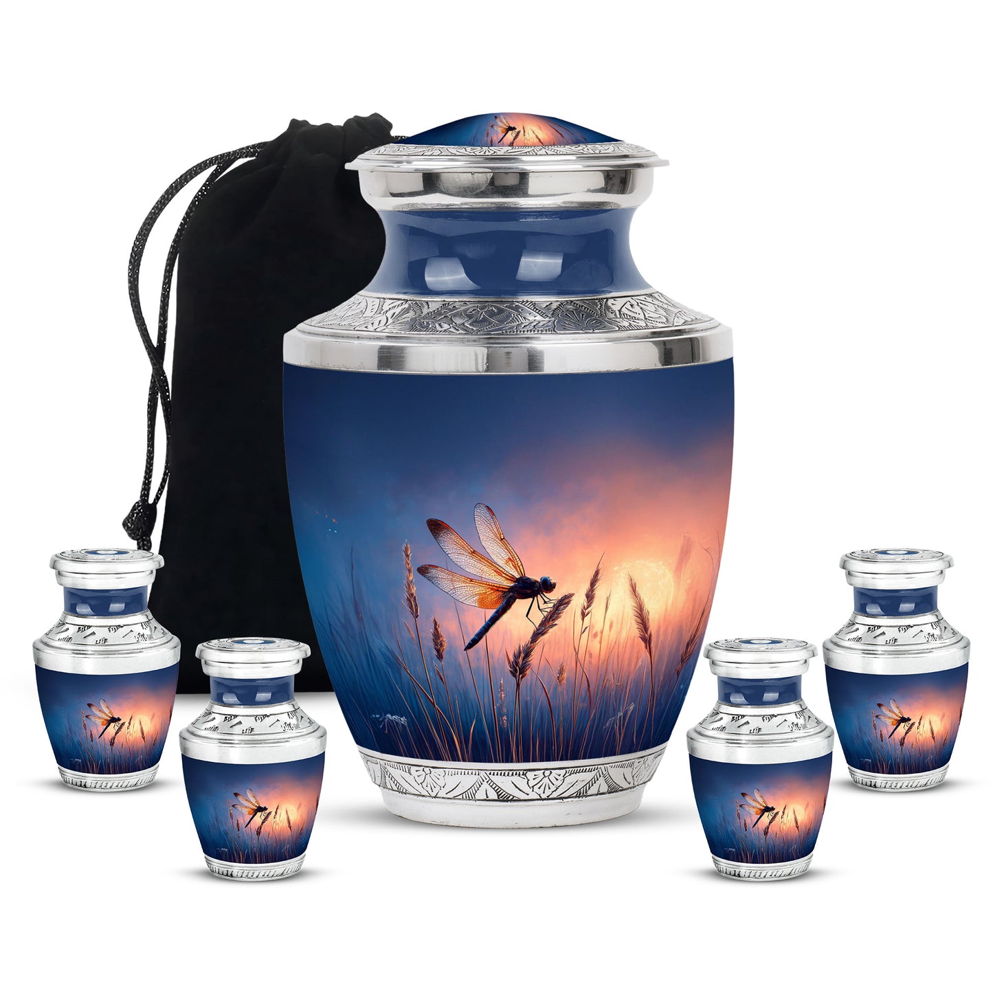 Azure Dragonfly Cremation Urn lifestyle display on memorial shelf - contemporary dragonfly design with modern artistic flair - memorial set with one large and four small urns