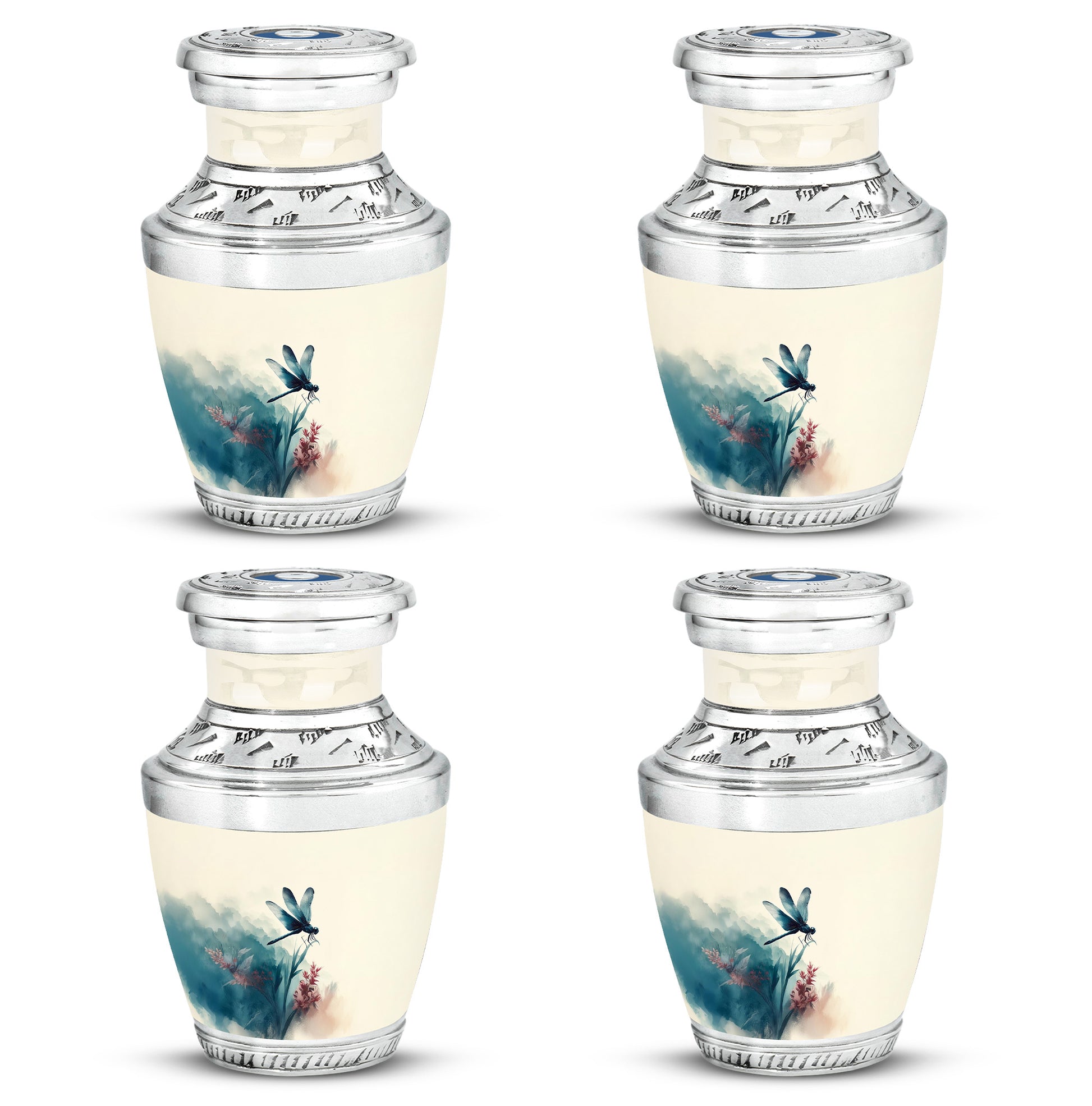 Alabaster White Dragonfly Cremation Urn back view with polished surface - modern art-inspired dragonfly motif on sleek aluminum - 10 inch aluminum urn for cremated remains