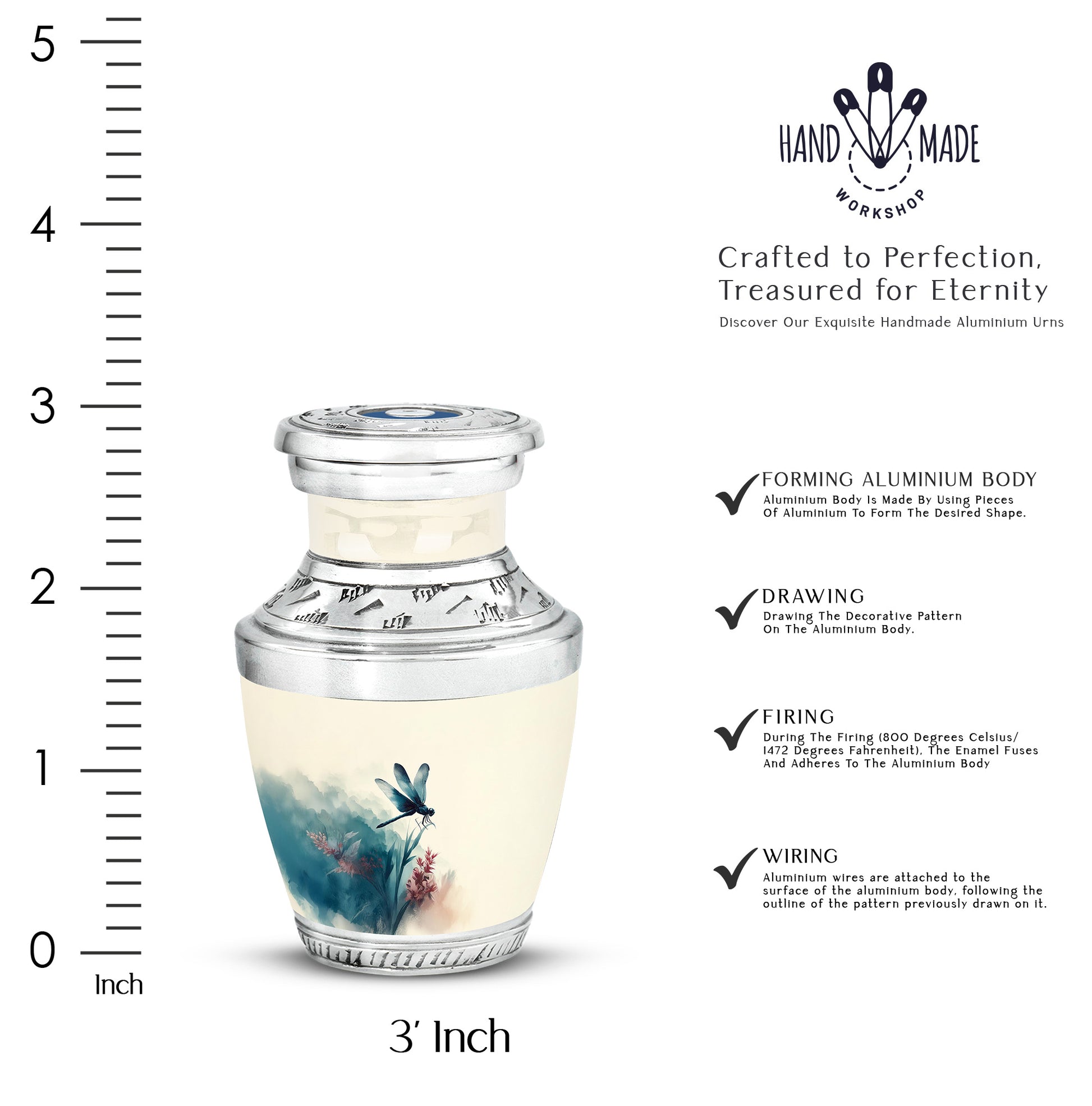 Porcelain White Dragonfly Cremation Urn top-down view of secure threaded lid - artistic dragonfly interpretation with creative detail - mini keepsake memorial for portion of cremation ashes