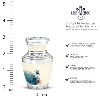 Porcelain White Dragonfly Cremation Urn top-down view of secure threaded lid - artistic dragonfly interpretation with creative detail - mini keepsake memorial for portion of cremation ashes