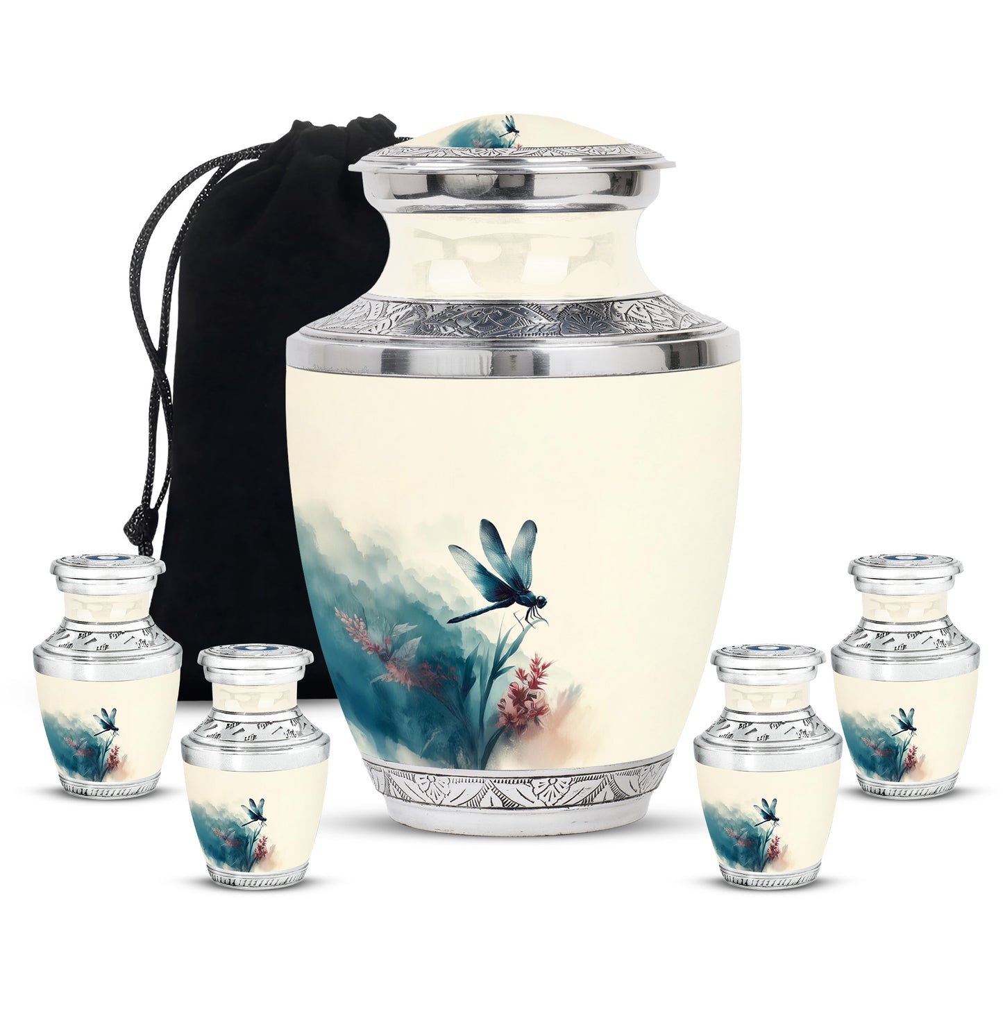 Silk White Dragonfly Cremation Urn lifestyle display on memorial shelf - artistic dragonfly interpretation with creative detail - memorial set with one large and four small urns
