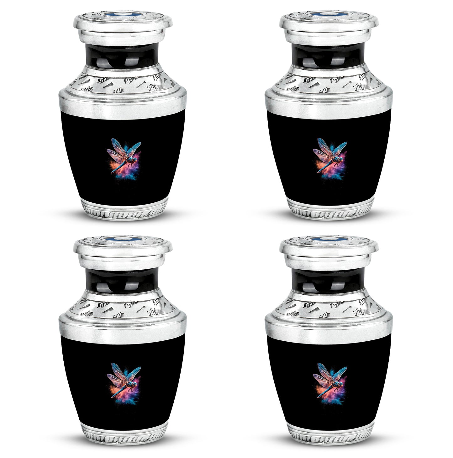Glossy Black Dragonfly Cremation Urn back view with polished surface - contemporary dragonfly design with modern artistic flair - 10 inch aluminum urn for cremated remains