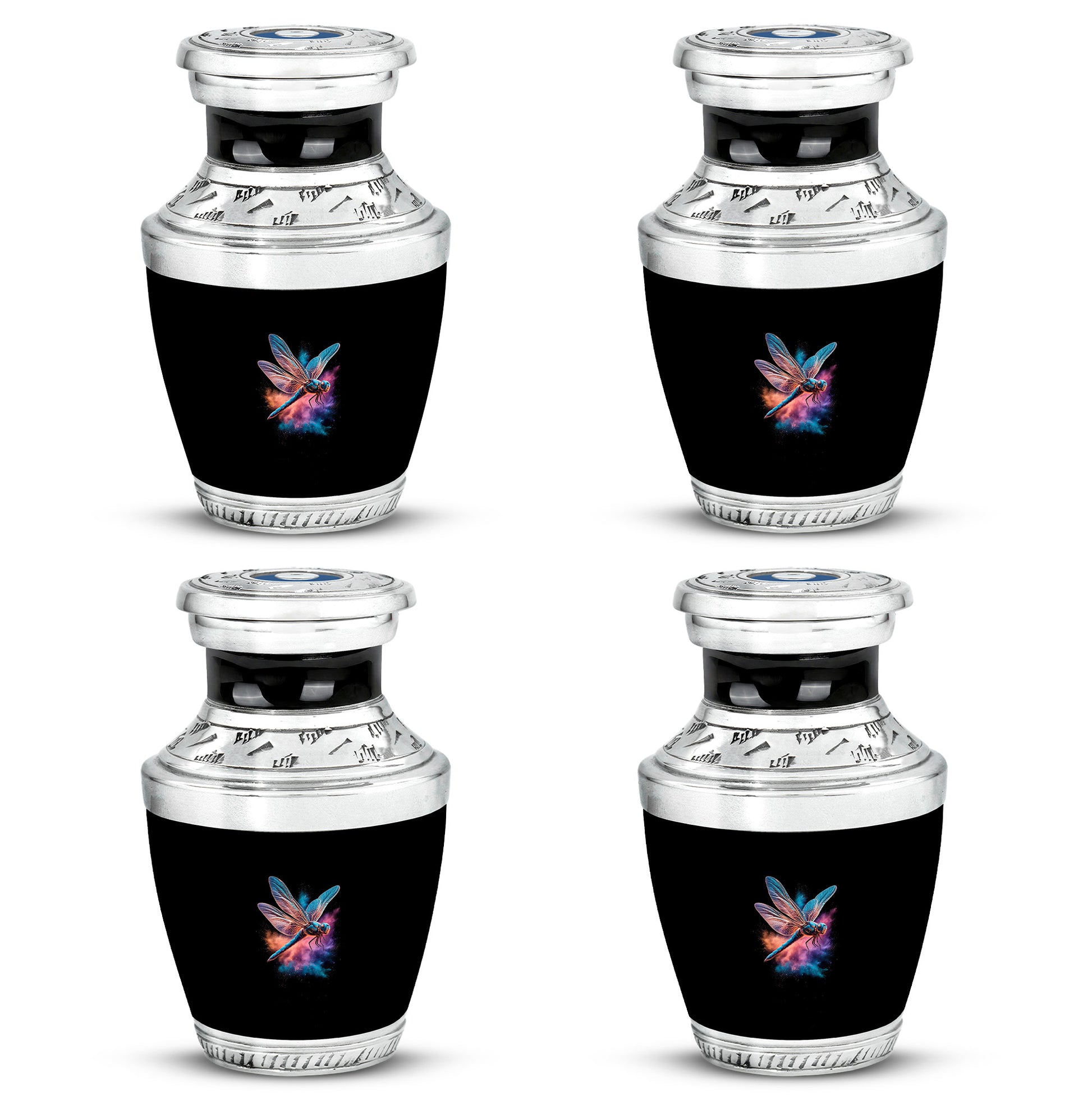 Glossy Black Dragonfly Cremation Urn back view with polished surface - contemporary dragonfly design with modern artistic flair - 10 inch aluminum urn for cremated remains