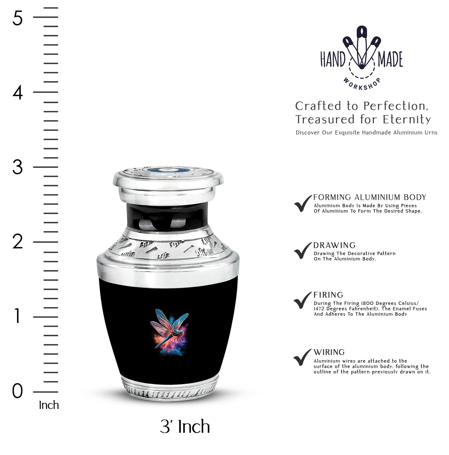 Charcoal Black Dragonfly Cremation Urn top-down view of secure threaded lid - artistic dragonfly interpretation with creative detail - mini keepsake memorial for portion of cremation ashes