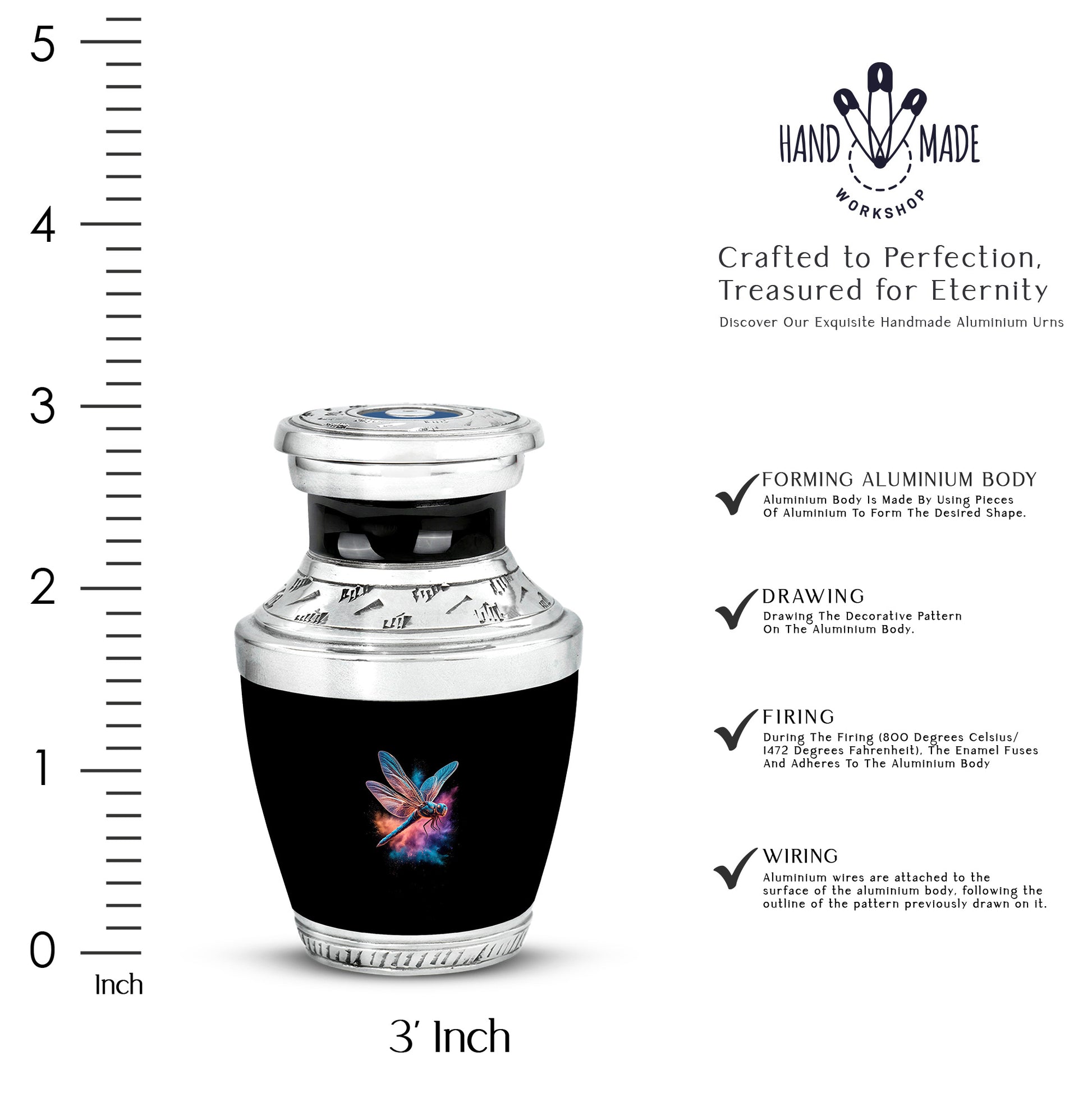 Charcoal Black Dragonfly Cremation Urn top-down view of secure threaded lid - artistic dragonfly interpretation with creative detail - mini keepsake memorial for portion of cremation ashes