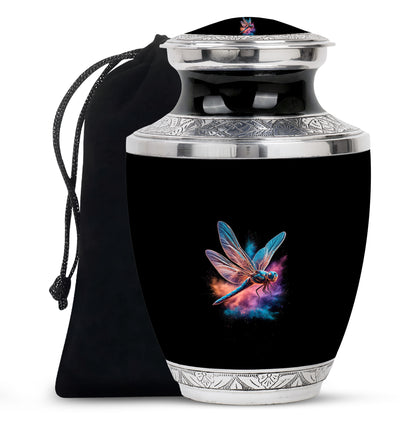 Midnight Black Dragonfly Cremation Urn side profile showing urn shape - artistic dragonfly interpretation with creative detail - full-size 10 inch 200 cubic inch adult cremation urn