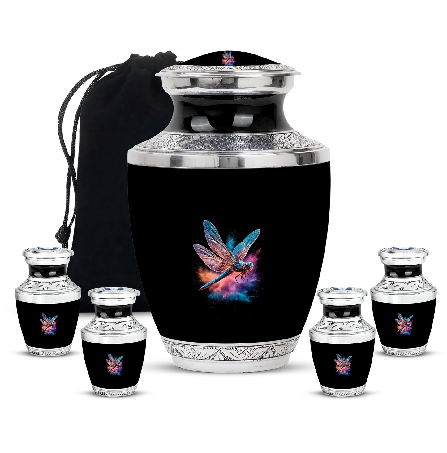 Midnight Black Dragonfly Cremation Urn lifestyle display on memorial shelf - stylized abstract dragonfly pattern with bold lines - memorial set with one large and four small urns
