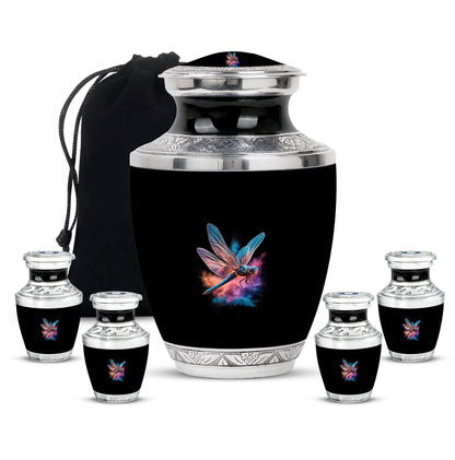 Midnight Black Dragonfly Cremation Urn lifestyle display on memorial shelf - stylized abstract dragonfly pattern with bold lines - memorial set with one large and four small urns